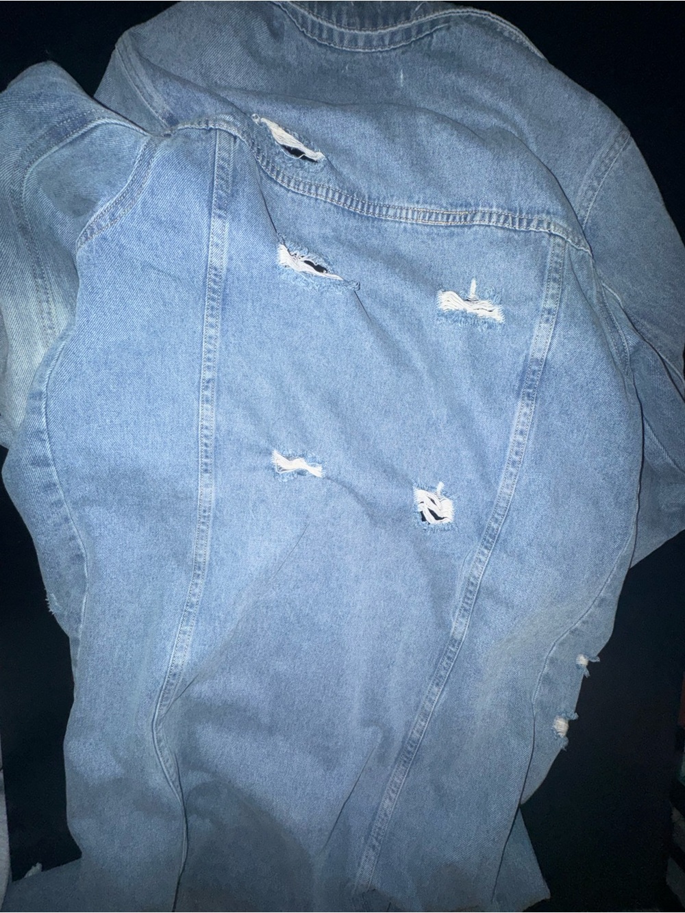 Light Blue Distressed Long Denim Jacket - Women - Picture 2 of 3